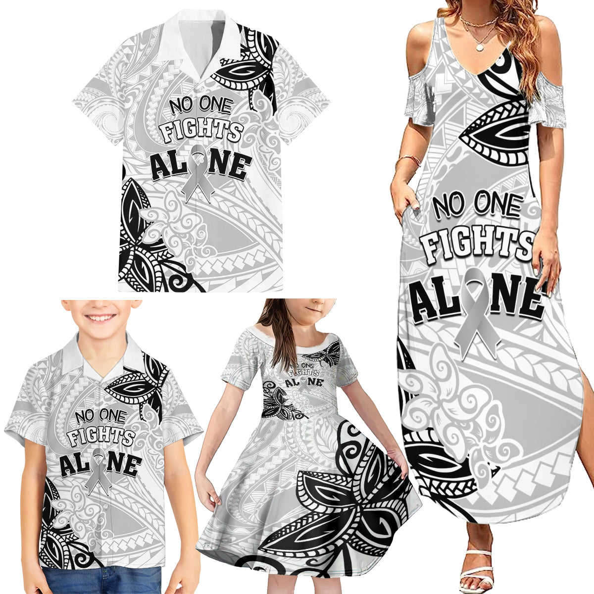 Personalised Polynesia Brain Cancer Family Matching Summer Maxi Dress and Hawaiian Shirt No One Fights Alone