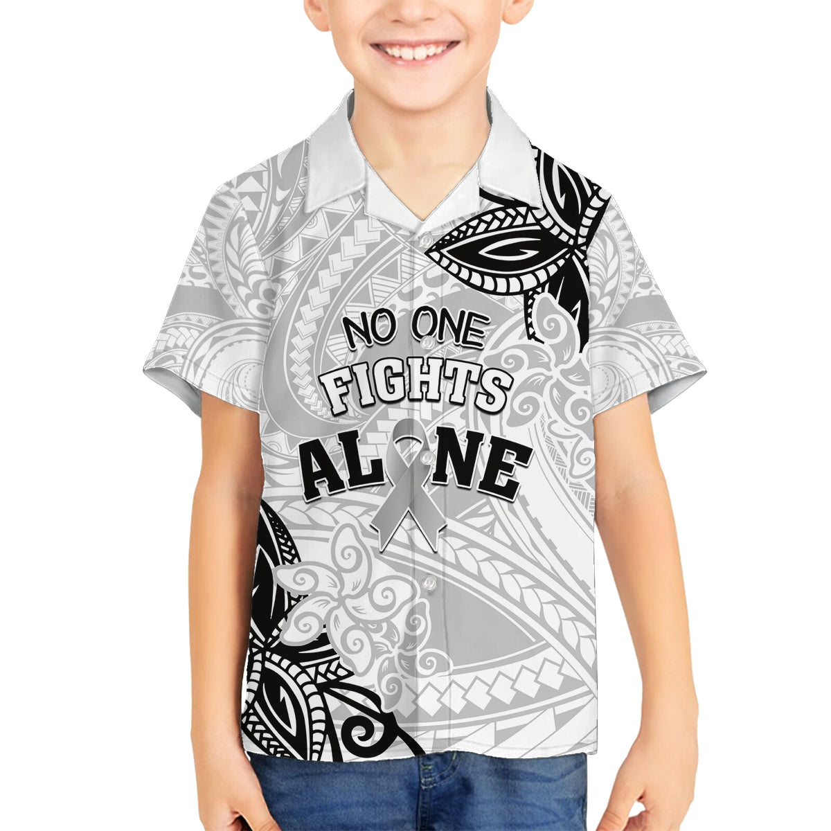 Personalised Polynesia Brain Cancer Family Matching Tank Maxi Dress and Hawaiian Shirt No One Fights Alone LT05 Son's Shirt White - Polynesian Pride