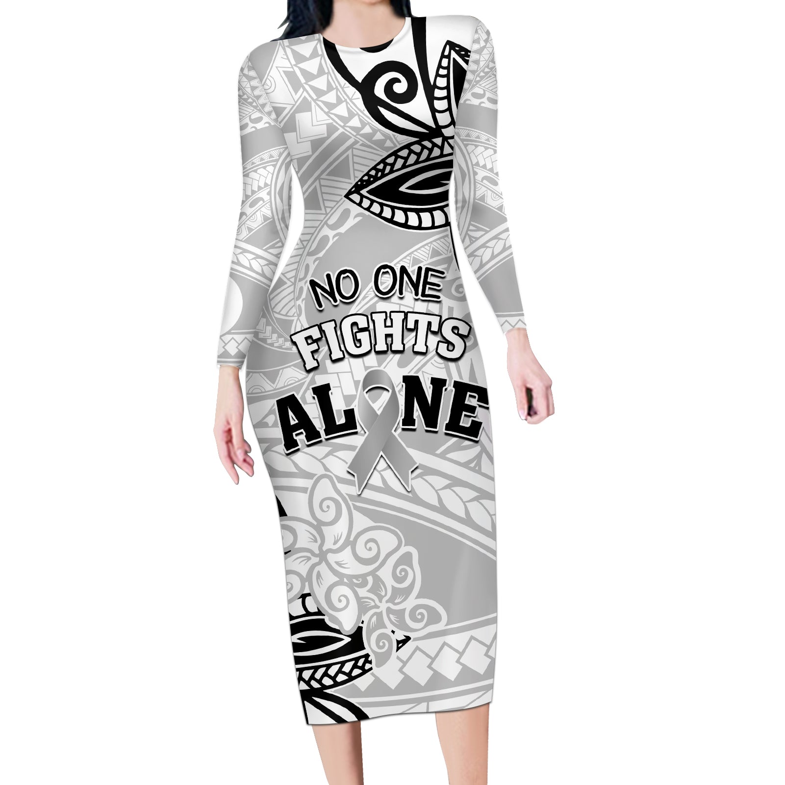 Personalised Polynesia Brain Cancer Long Sleeve Bodycon Dress No One Fights Alone