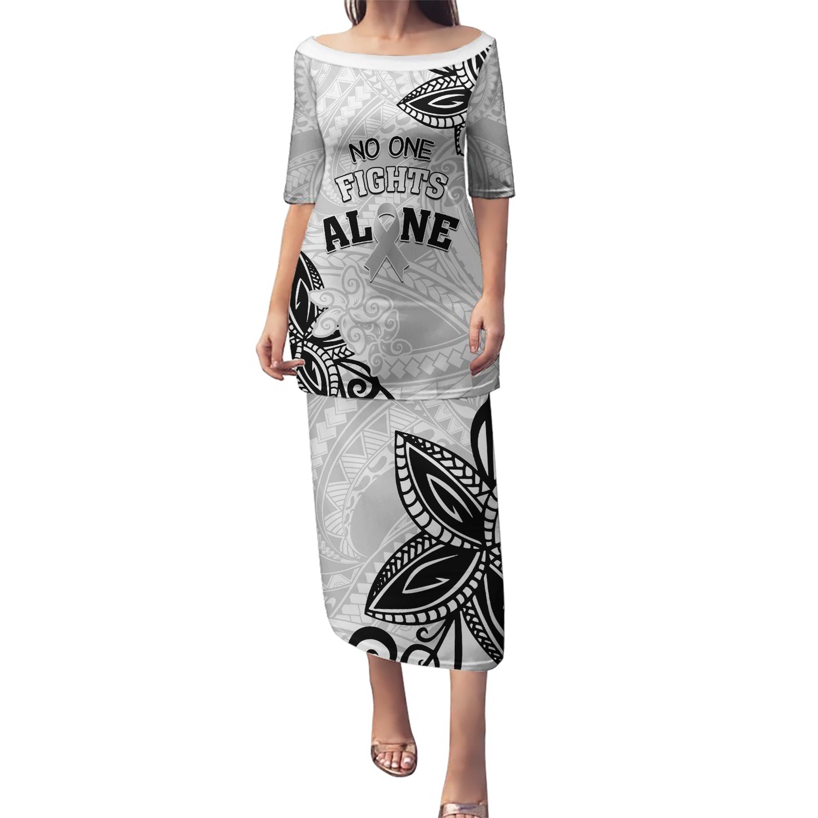 Personalised Polynesia Brain Cancer Puletasi No One Fights Alone LT05 Long Dress White - Polynesian Pride