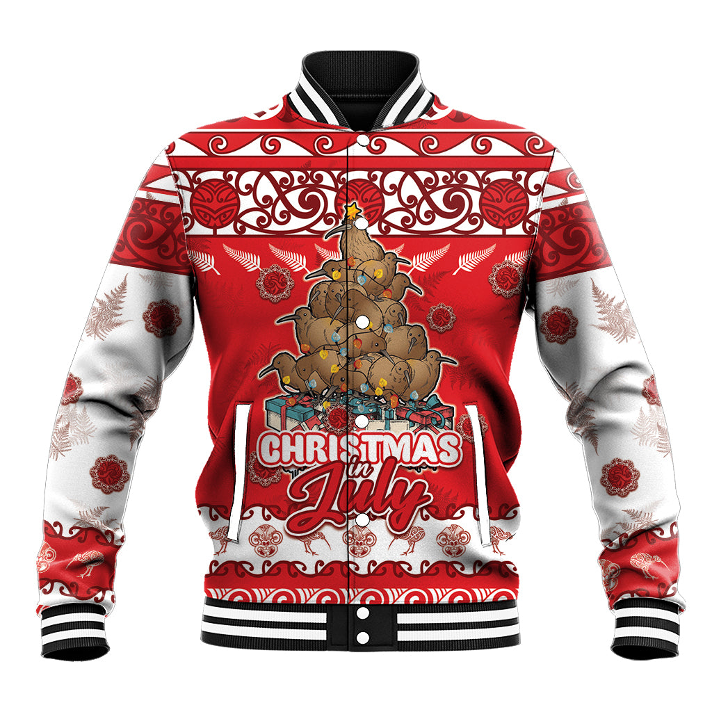 Personalised New Zealand Christmas In July Baseball Jacket Maori Kiwi Xmas Tree - Red LT05 Unisex Red - Polynesian Pride