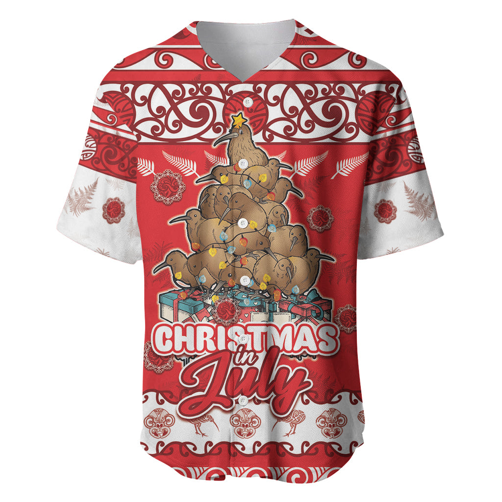 Personalised New Zealand Christmas In July Baseball Jersey Maori Kiwi Xmas Tree - Red