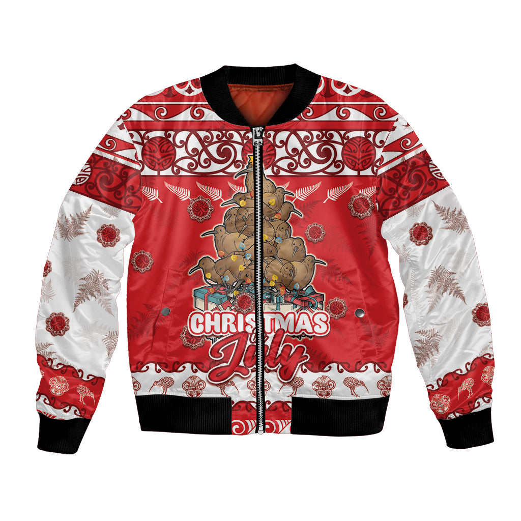 Personalised New Zealand Christmas In July Bomber Jacket Maori Kiwi Xmas Tree - Red LT05 Unisex Red - Polynesian Pride