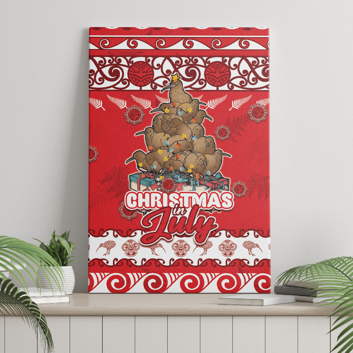 New Zealand Christmas In July Canvas Wall Art Maori Kiwi Xmas Tree - Red