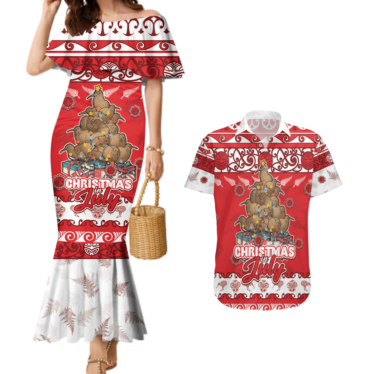 Personalised New Zealand Christmas In July Couples Matching Mermaid Dress and Hawaiian Shirt Maori Kiwi Xmas Tree - Red