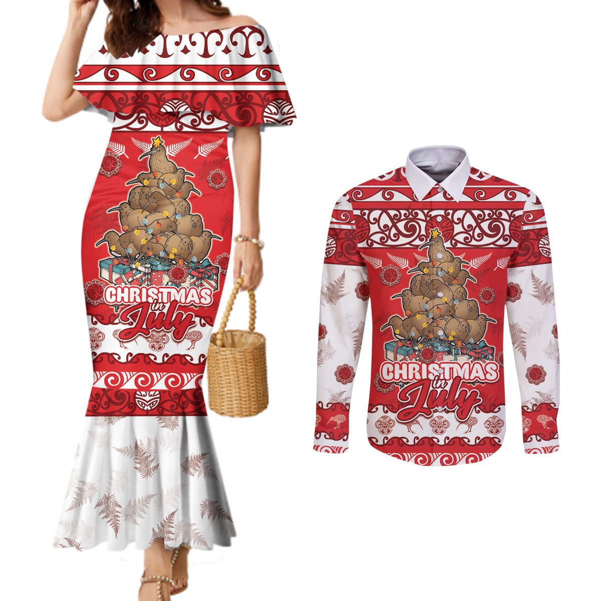 Personalised New Zealand Christmas In July Couples Matching Mermaid Dress and Long Sleeve Button Shirt Maori Kiwi Xmas Tree - Red