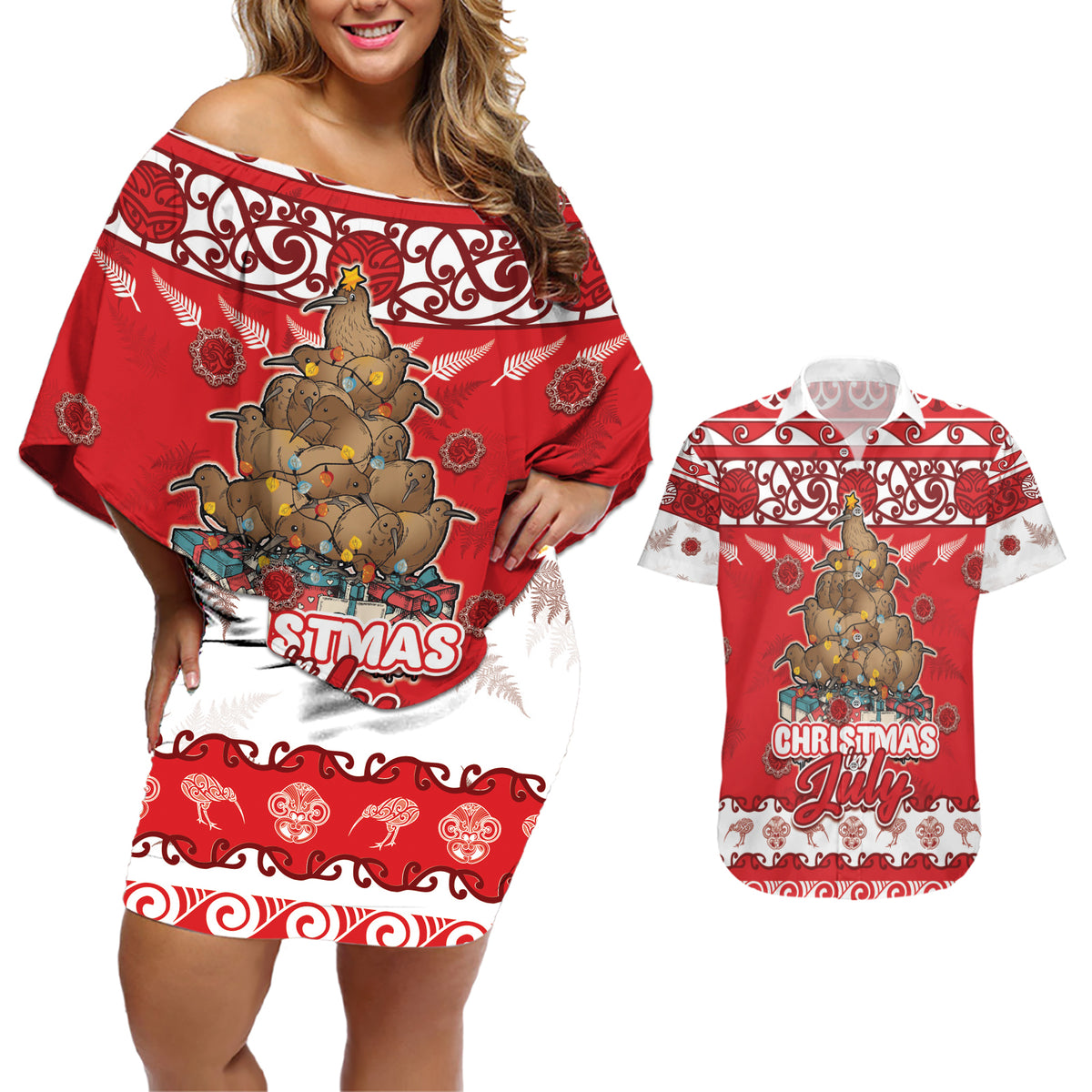 Personalised New Zealand Christmas In July Couples Matching Off Shoulder Short Dress and Hawaiian Shirt Maori Kiwi Xmas Tree - Red