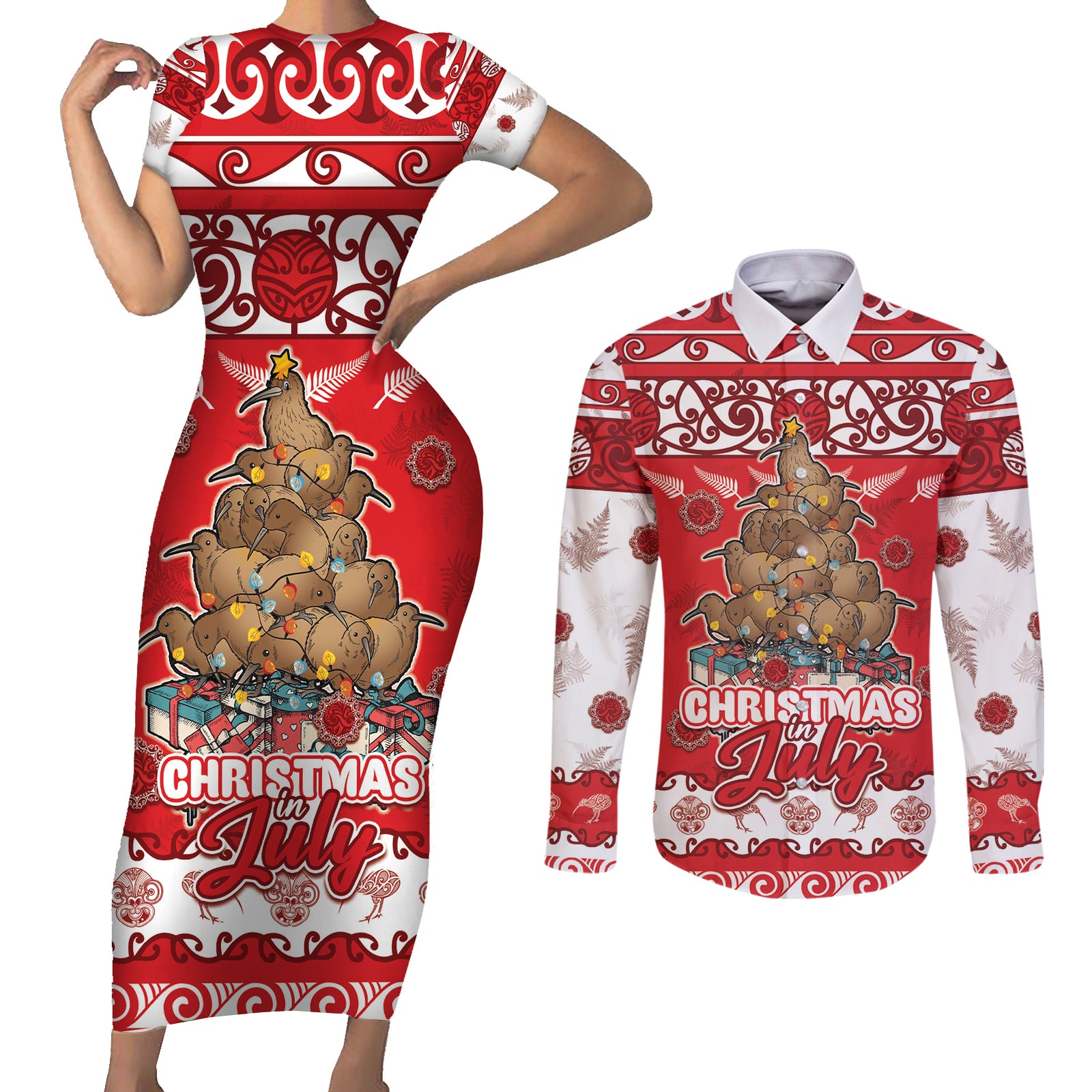 Personalised New Zealand Christmas In July Couples Matching Short Sleeve Bodycon Dress and Long Sleeve Button Shirt Maori Kiwi Xmas Tree - Red LT05 Red - Polynesian Pride