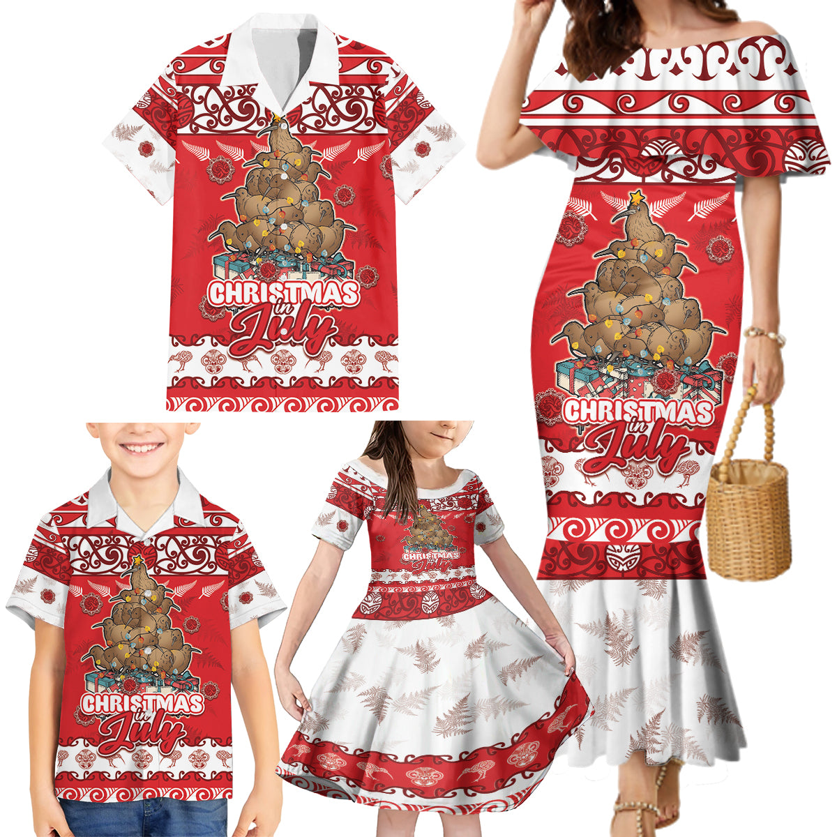 Personalised New Zealand Christmas In July Family Matching Mermaid Dress and Hawaiian Shirt Maori Kiwi Xmas Tree - Red