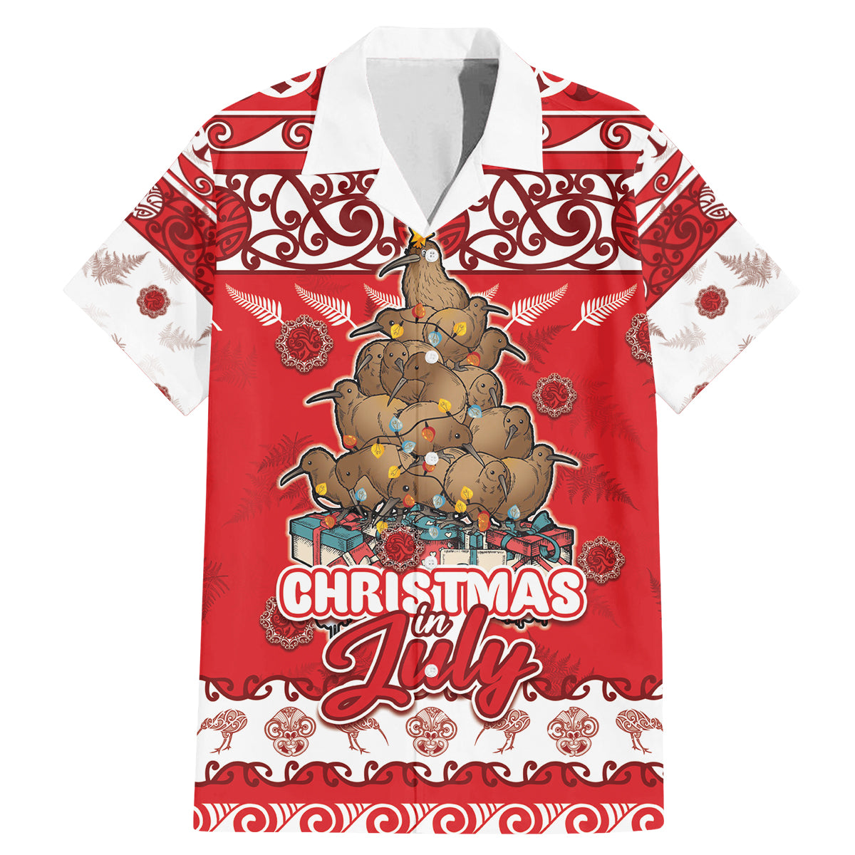 Personalised New Zealand Christmas In July Family Matching Mermaid Dress and Hawaiian Shirt Maori Kiwi Xmas Tree - Red