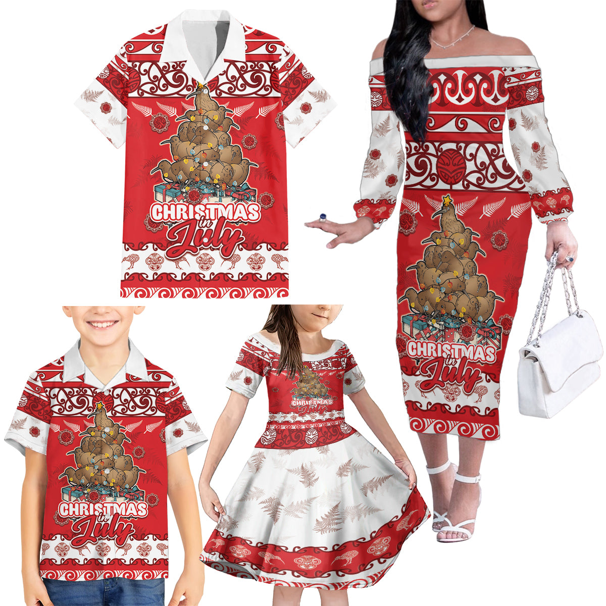 Personalised New Zealand Christmas In July Family Matching Off The Shoulder Long Sleeve Dress and Hawaiian Shirt Maori Kiwi Xmas Tree - Red