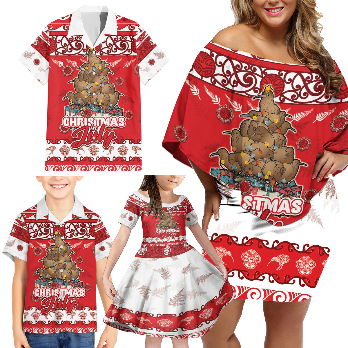 Personalised New Zealand Christmas In July Family Matching Off Shoulder Short Dress and Hawaiian Shirt Maori Kiwi Xmas Tree - Red