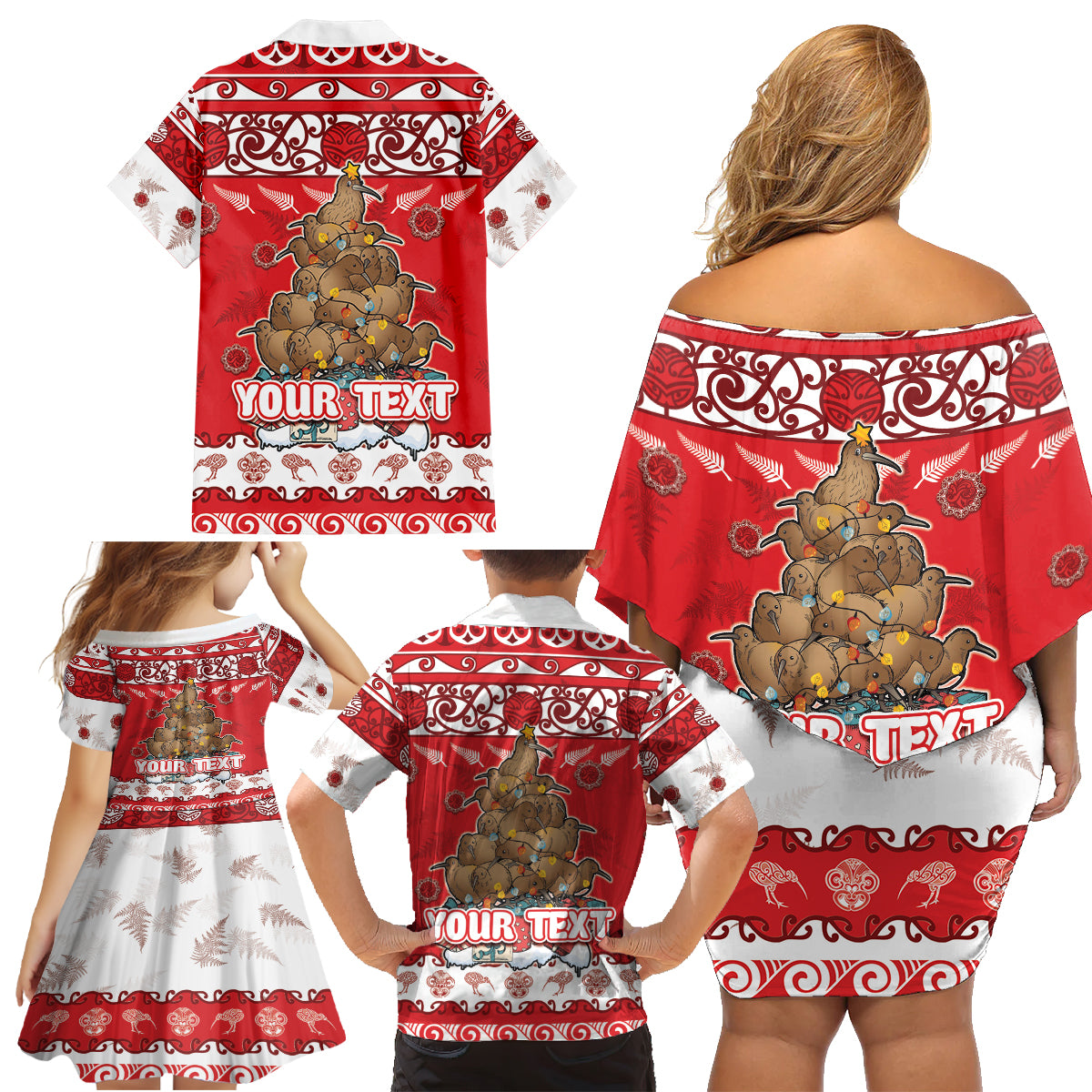 Personalised New Zealand Christmas In July Family Matching Off Shoulder Short Dress and Hawaiian Shirt Maori Kiwi Xmas Tree - Red