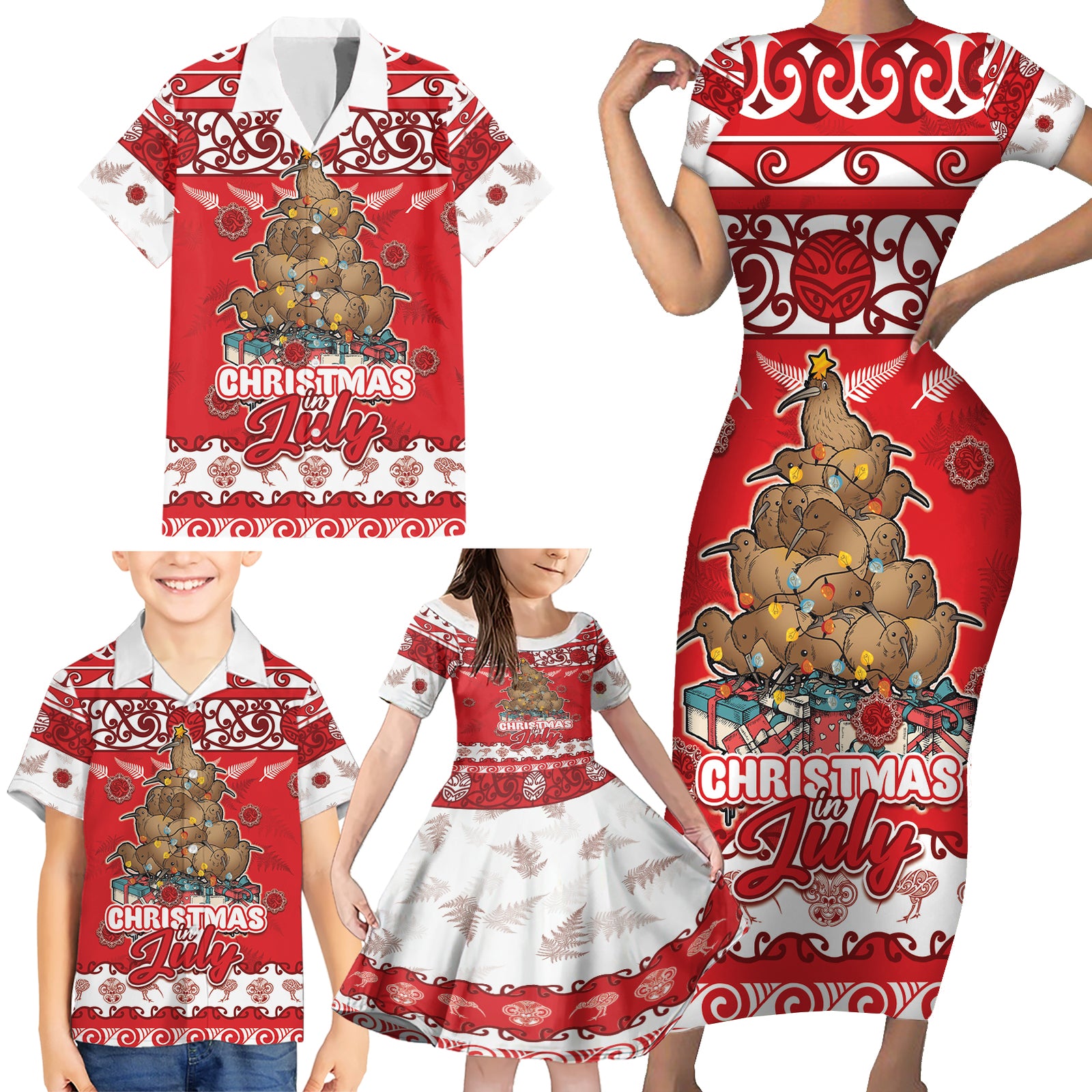 Personalised New Zealand Christmas In July Family Matching Short Sleeve Bodycon Dress and Hawaiian Shirt Maori Kiwi Xmas Tree - Red LT05 - Polynesian Pride