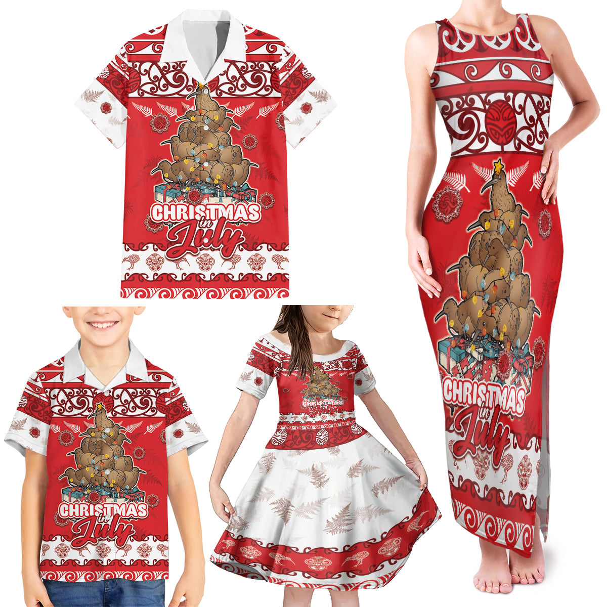 Personalised New Zealand Christmas In July Family Matching Tank Maxi Dress and Hawaiian Shirt Maori Kiwi Xmas Tree - Red LT05 - Polynesian Pride