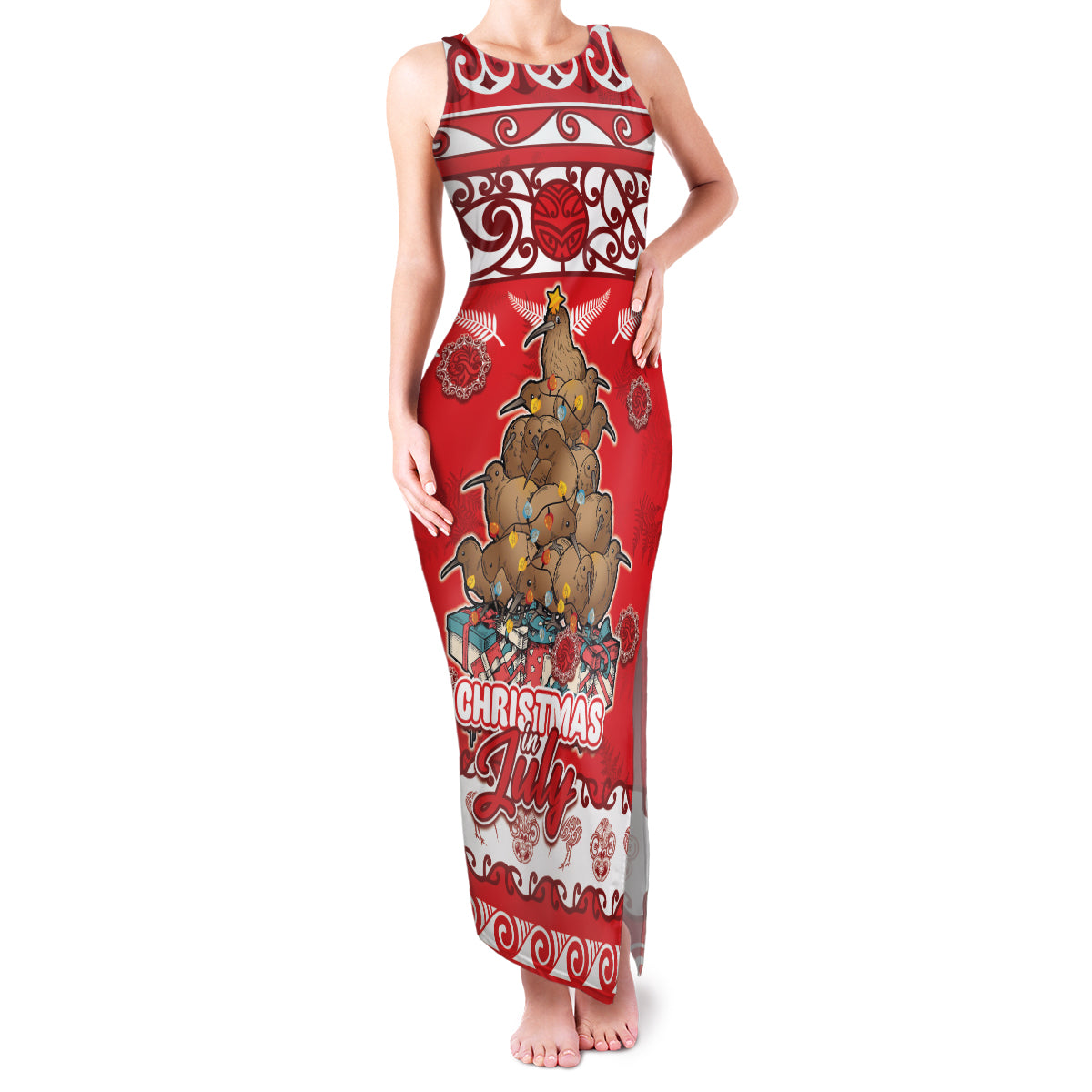Personalised New Zealand Christmas In July Family Matching Tank Maxi Dress and Hawaiian Shirt Maori Kiwi Xmas Tree - Red