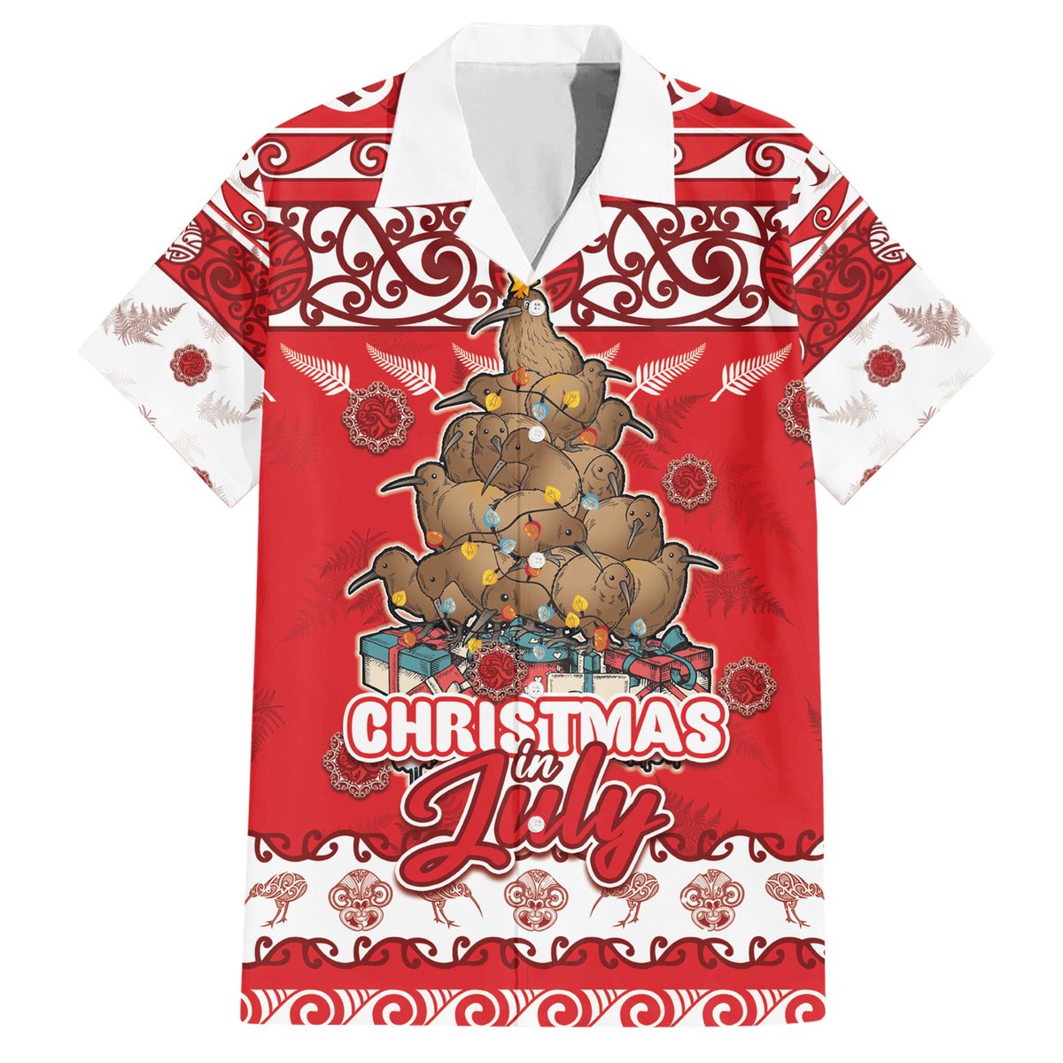 Personalised New Zealand Christmas In July Hawaiian Shirt Maori Kiwi Xmas Tree - Red LT05 Red - Polynesian Pride