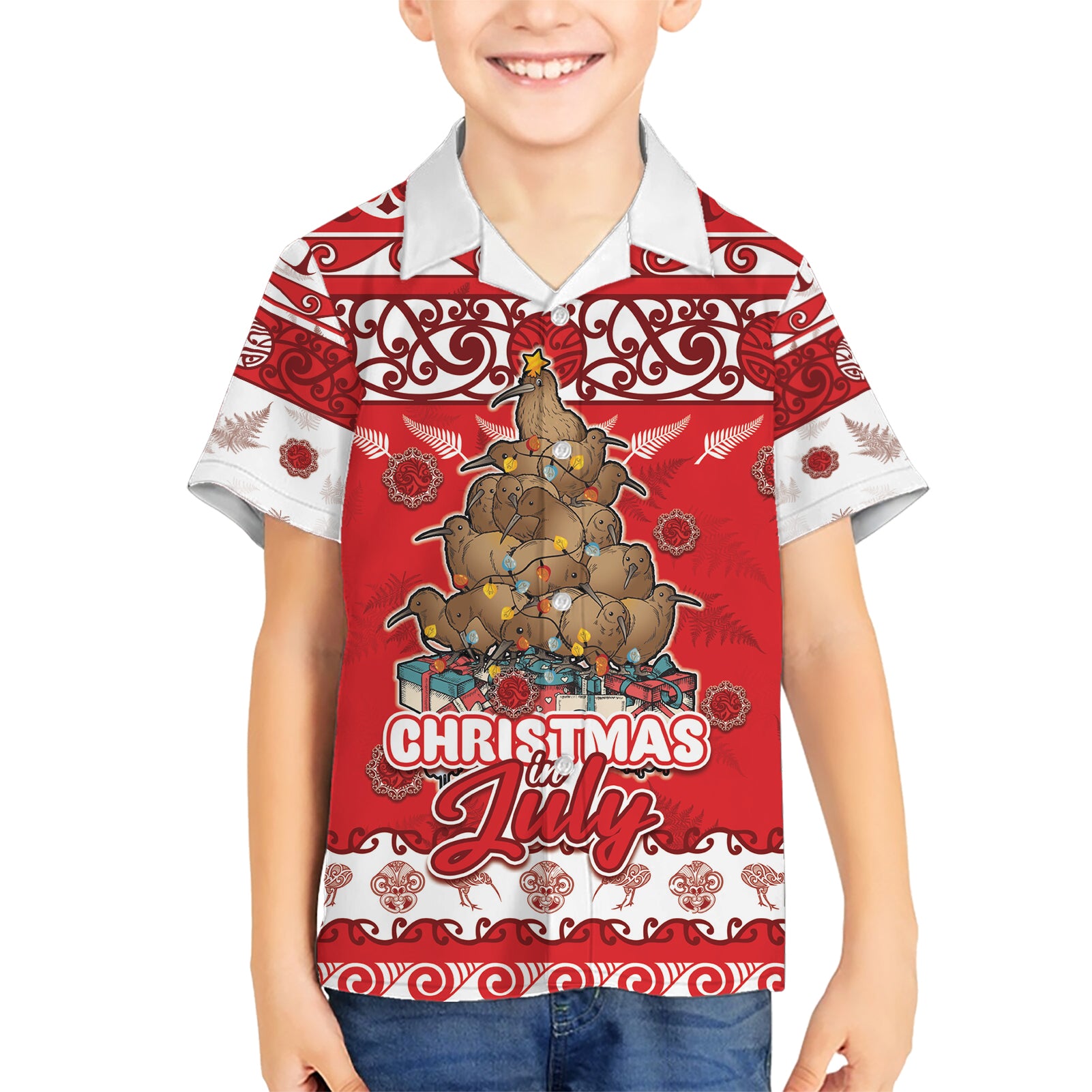 Personalised New Zealand Christmas In July Kid Hawaiian Shirt Maori Kiwi Xmas Tree - Red