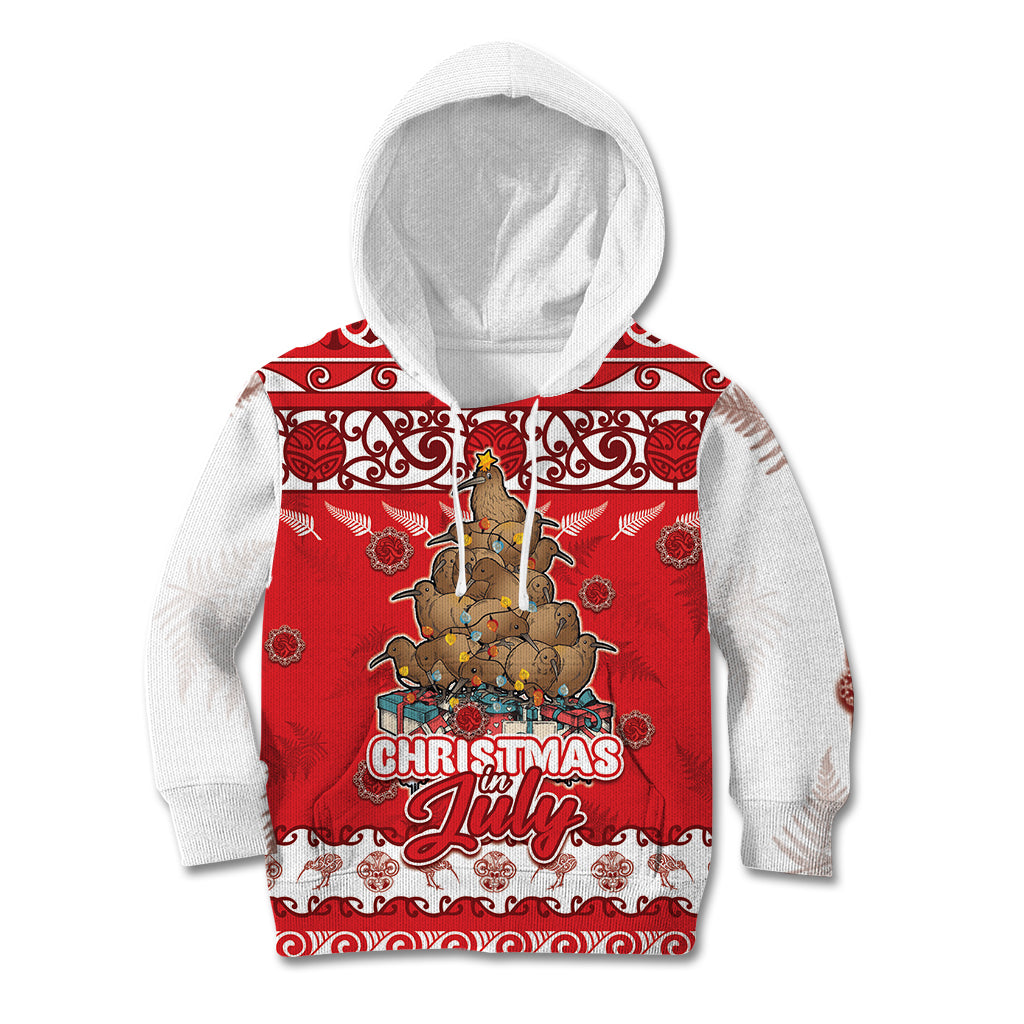 Personalised New Zealand Christmas In July Kid Hoodie Maori Kiwi Xmas Tree - Red