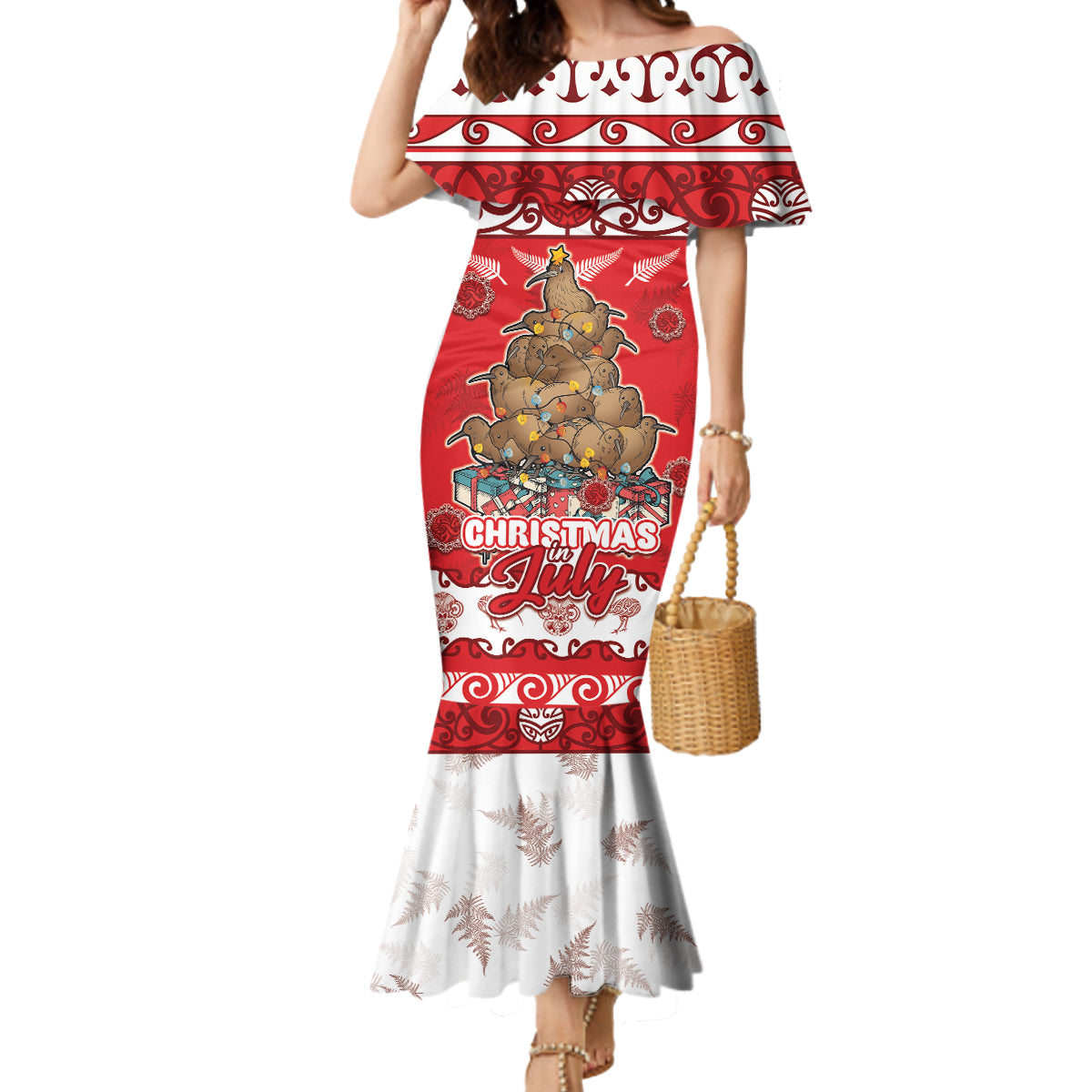 Personalised New Zealand Christmas In July Mermaid Dress Maori Kiwi Xmas Tree - Red