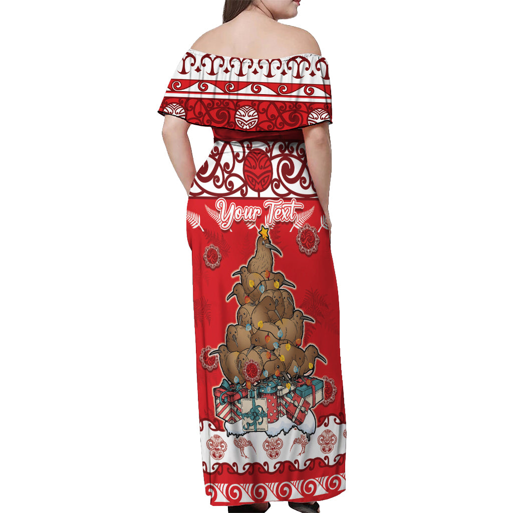 Personalised New Zealand Christmas In July Off Shoulder Maxi Dress Maori Kiwi Xmas Tree - Red