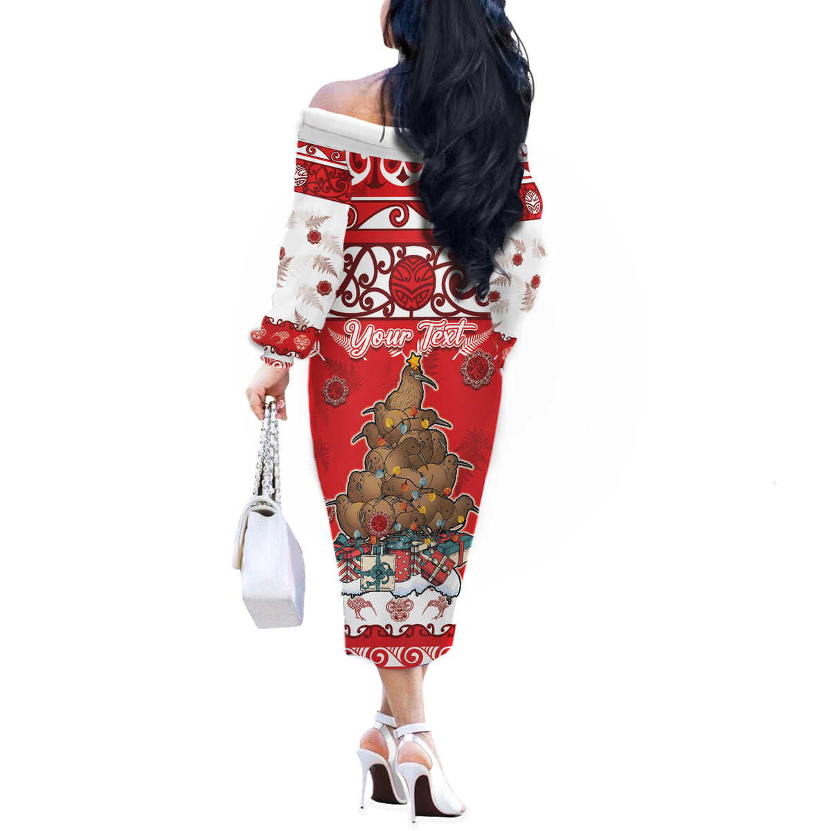 Personalised New Zealand Christmas In July Off The Shoulder Long Sleeve Dress Maori Kiwi Xmas Tree - Red