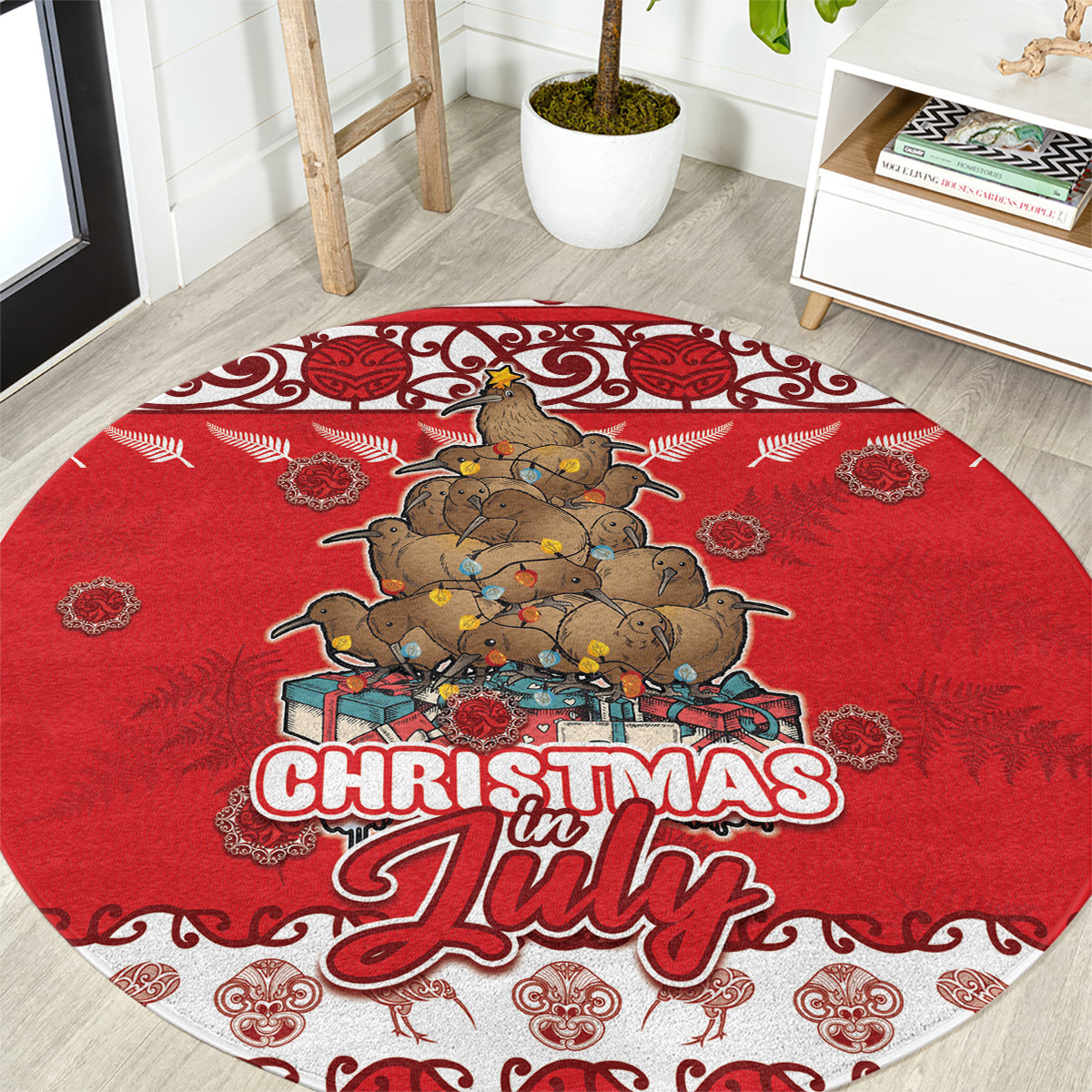 New Zealand Christmas In July Round Carpet Maori Kiwi Xmas Tree - Red