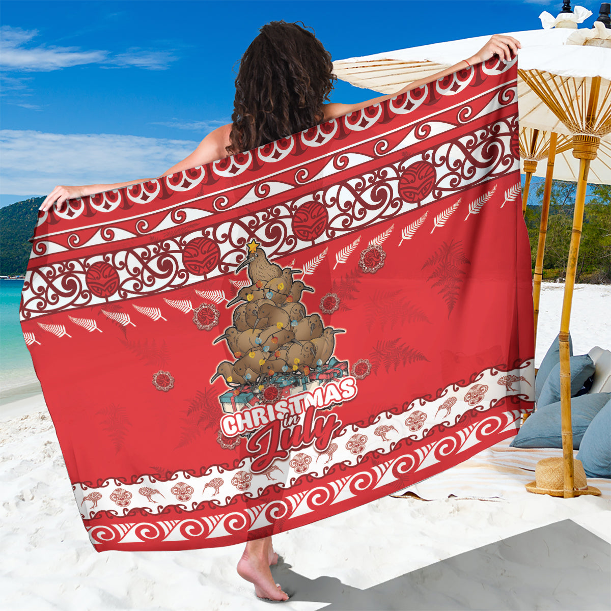 New Zealand Christmas In July Sarong Maori Kiwi Xmas Tree - Red