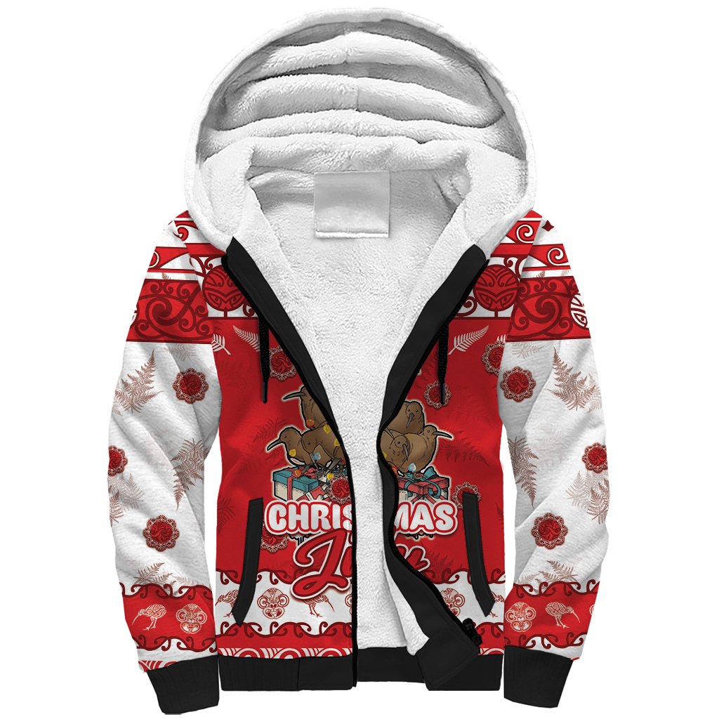 Personalised New Zealand Christmas In July Sherpa Hoodie Maori Kiwi Xmas Tree - Red LT05 Unisex Red - Polynesian Pride