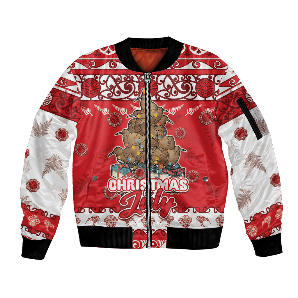 Personalised New Zealand Christmas In July Sleeve Zip Bomber Jacket Maori Kiwi Xmas Tree - Red LT05 Unisex Red - Polynesian Pride