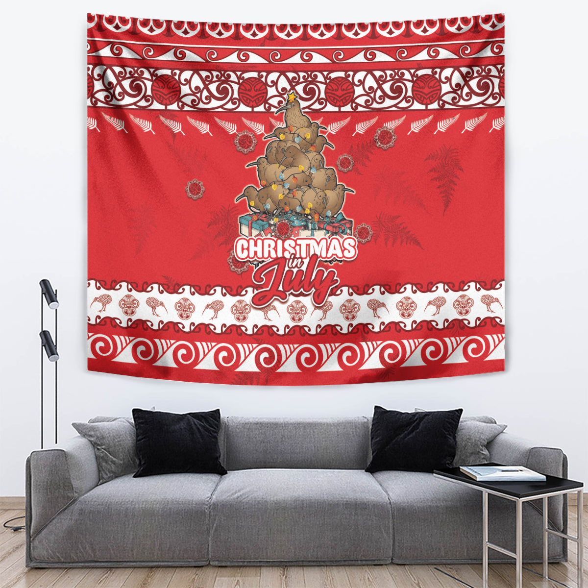 New Zealand Christmas In July Tapestry Maori Kiwi Xmas Tree - Red