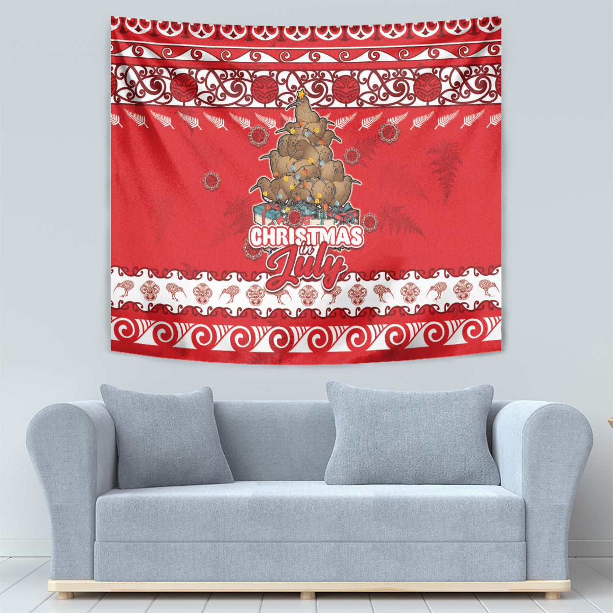 New Zealand Christmas In July Tapestry Maori Kiwi Xmas Tree - Red