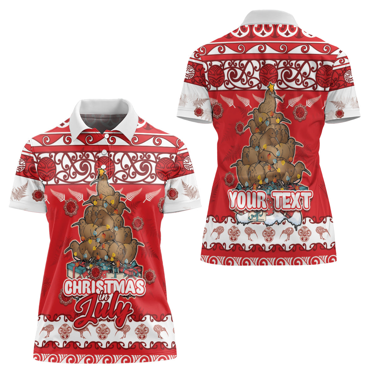 Personalised New Zealand Christmas In July Women Polo Shirt Maori Kiwi Xmas Tree - Red