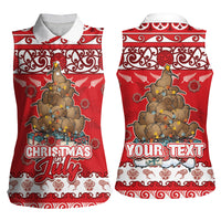 Personalised New Zealand Christmas In July Women Sleeveless Polo Shirt Maori Kiwi Xmas Tree - Red