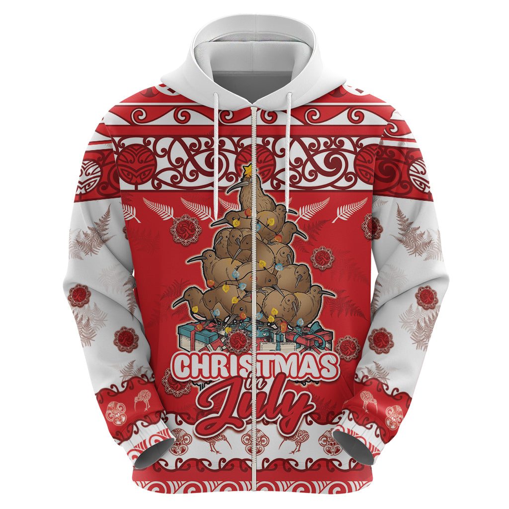 Personalised New Zealand Christmas In July Zip Hoodie Maori Kiwi Xmas Tree - Red