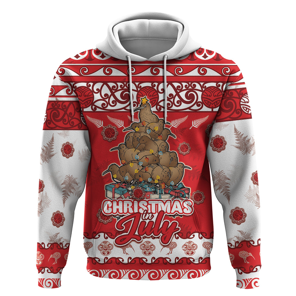 Personalised New Zealand Christmas In July Zip Hoodie Maori Kiwi Xmas Tree - Red