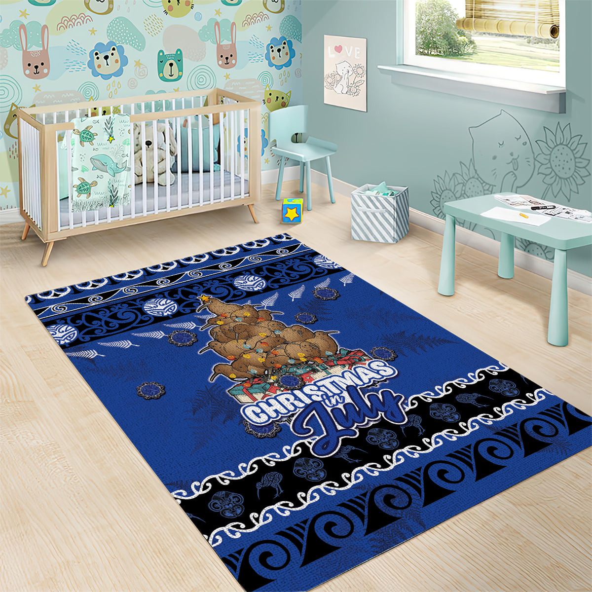 New Zealand July Christmas Area Rug Maori Kiwi Xmas Tree - Blue