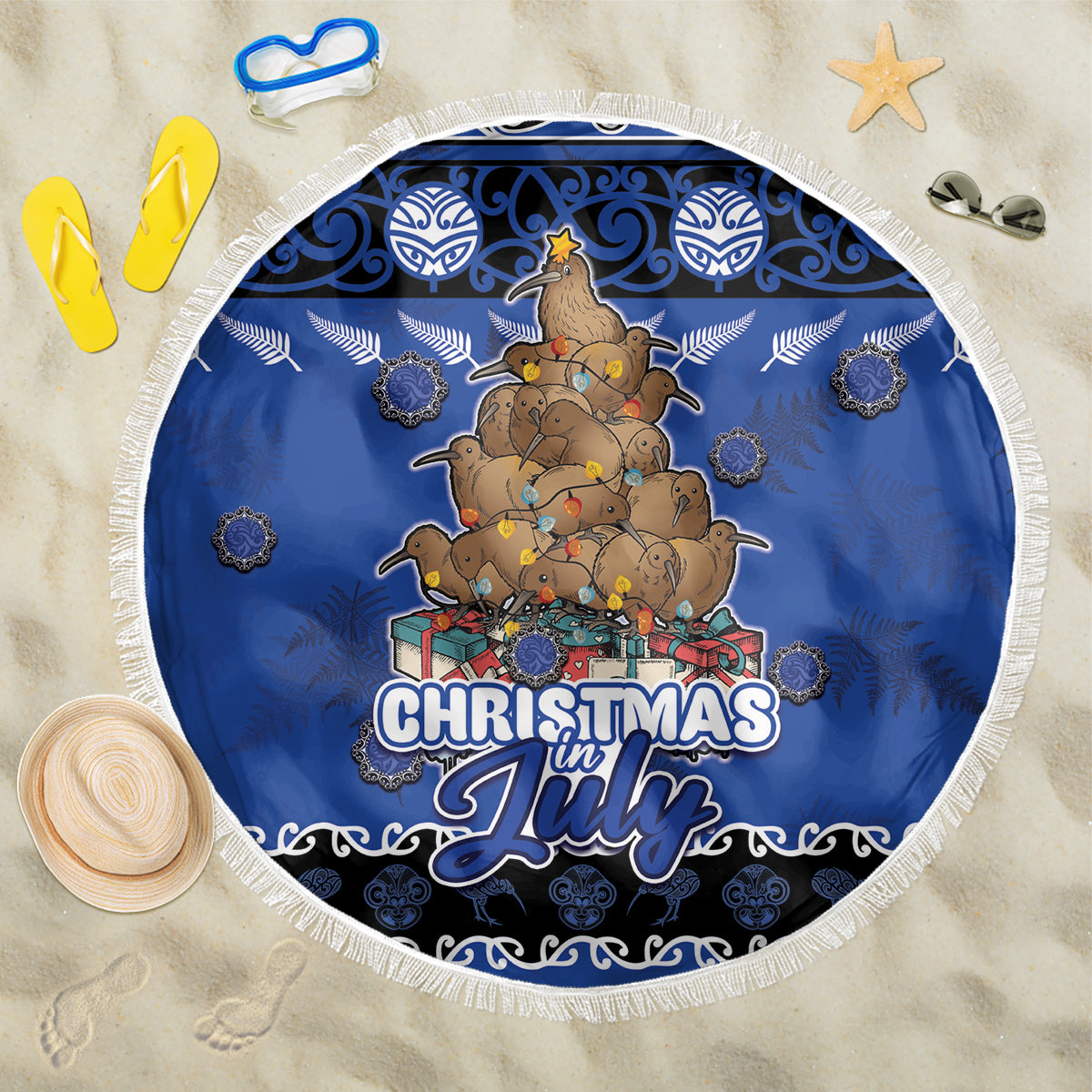 New Zealand July Christmas Beach Blanket Maori Kiwi Xmas Tree - Blue LT05 One Size 150cm Blue - Polynesian Pride