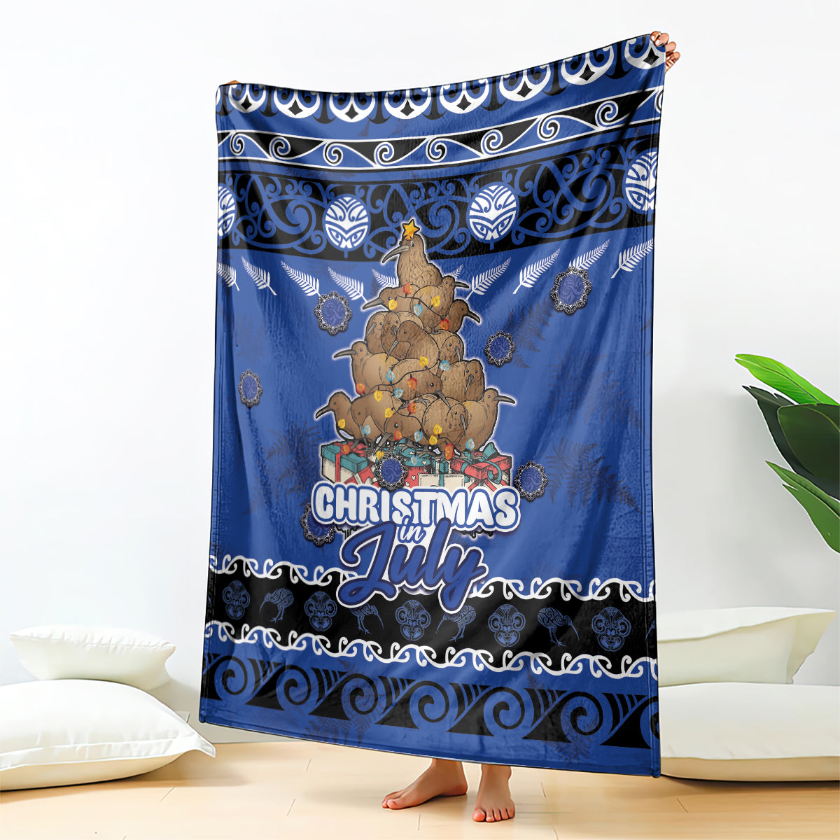 New Zealand July Christmas Blanket Maori Kiwi Xmas Tree - Blue LT05 - Polynesian Pride
