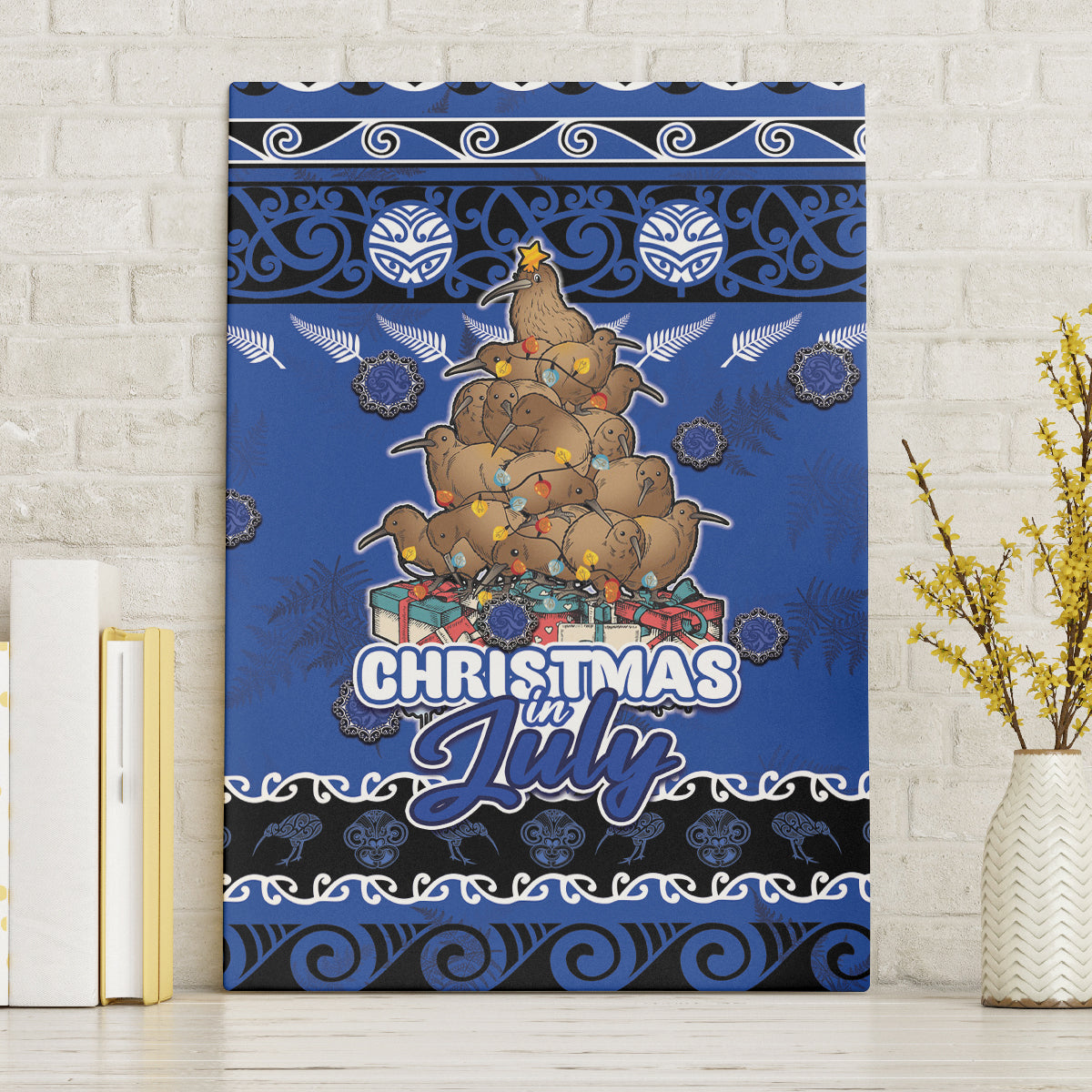 New Zealand July Christmas Canvas Wall Art Maori Kiwi Xmas Tree - Blue LT05 Without Frame Blue - Polynesian Pride