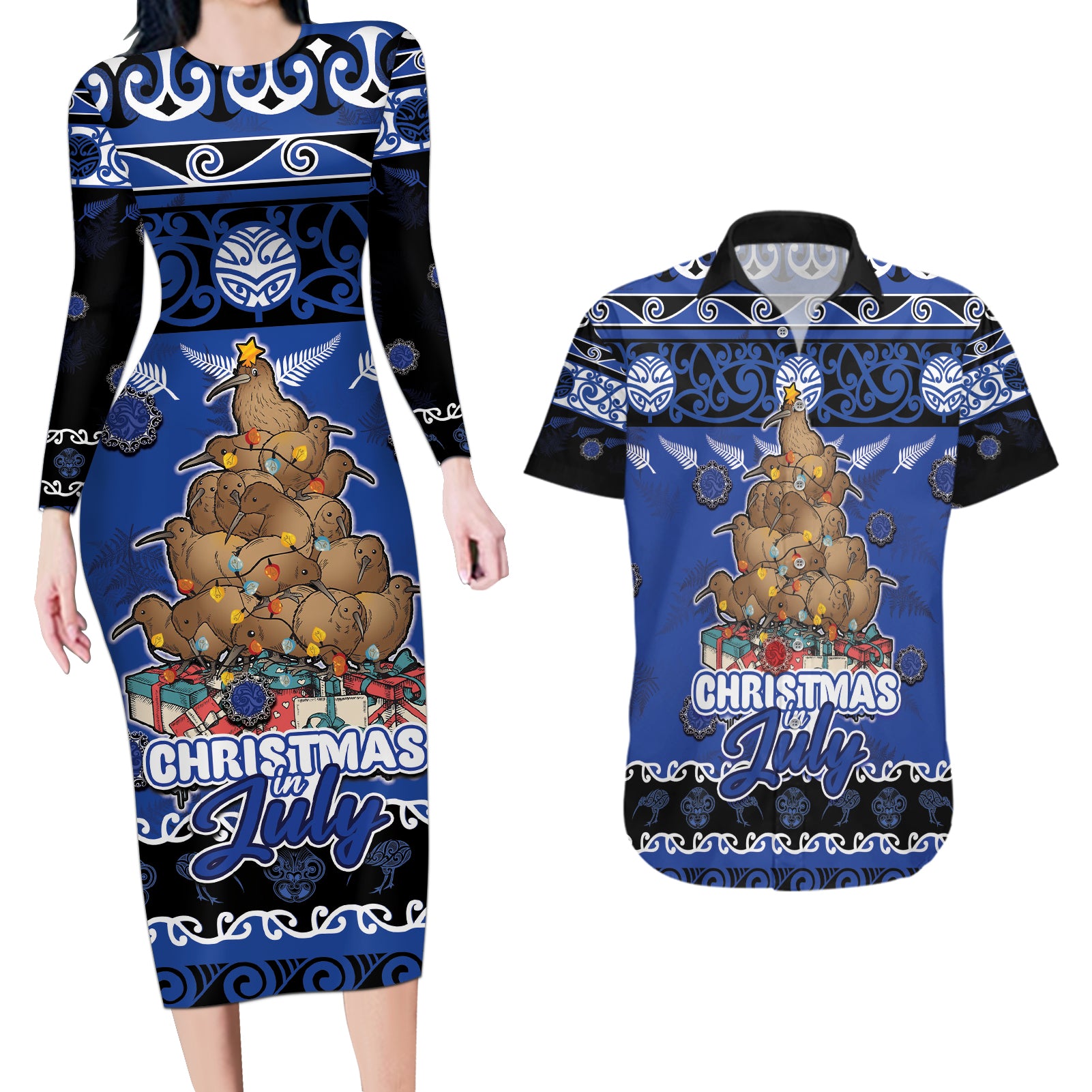 Personalised New Zealand July Christmas Couples Matching Long Sleeve Bodycon Dress and Hawaiian Shirt Maori Kiwi Xmas Tree - Blue