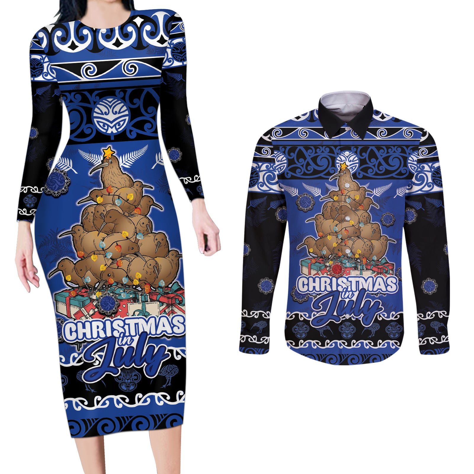 Personalised New Zealand July Christmas Couples Matching Long Sleeve Bodycon Dress and Long Sleeve Button Shirt Maori Kiwi Xmas Tree - Blue LT05 Blue - Polynesian Pride