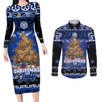 Personalised New Zealand July Christmas Couples Matching Long Sleeve Bodycon Dress and Long Sleeve Button Shirt Maori Kiwi Xmas Tree - Blue