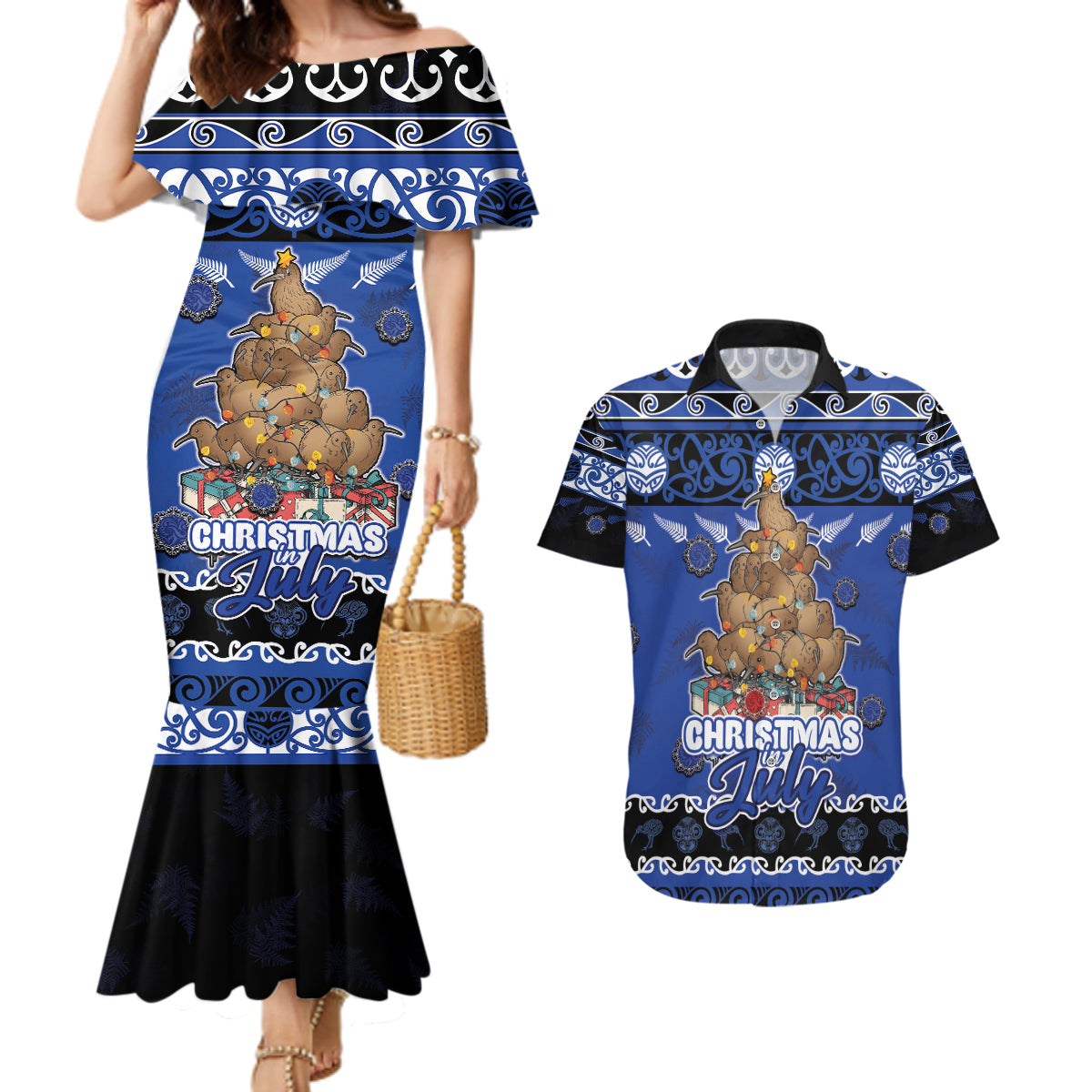 Personalised New Zealand July Christmas Couples Matching Mermaid Dress and Hawaiian Shirt Maori Kiwi Xmas Tree - Blue