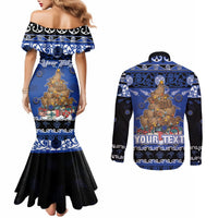 Personalised New Zealand July Christmas Couples Matching Mermaid Dress and Long Sleeve Button Shirt Maori Kiwi Xmas Tree - Blue