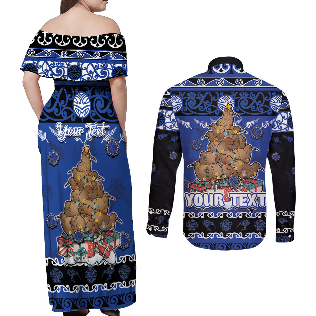 Personalised New Zealand July Christmas Couples Matching Off Shoulder Maxi Dress and Long Sleeve Button Shirt Maori Kiwi Xmas Tree - Blue