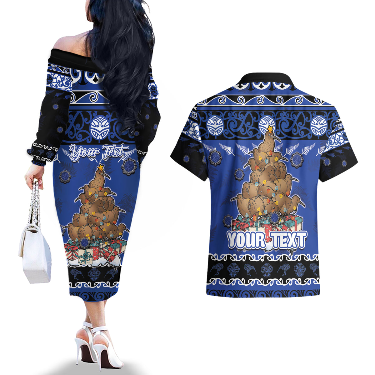 Personalised New Zealand July Christmas Couples Matching Off The Shoulder Long Sleeve Dress and Hawaiian Shirt Maori Kiwi Xmas Tree - Blue