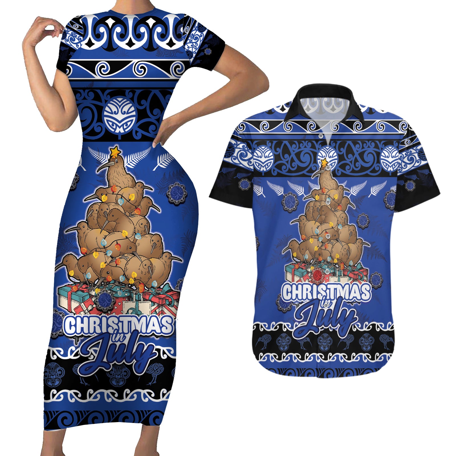 Personalised New Zealand July Christmas Couples Matching Short Sleeve Bodycon Dress and Hawaiian Shirt Maori Kiwi Xmas Tree - Blue LT05 Blue - Polynesian Pride