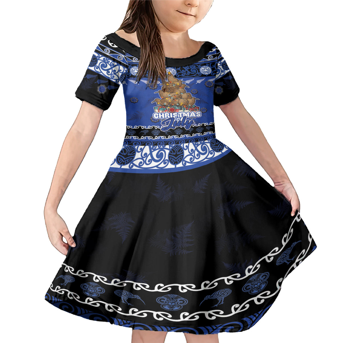 Personalised New Zealand July Christmas Family Matching Mermaid Dress and Hawaiian Shirt Maori Kiwi Xmas Tree - Blue