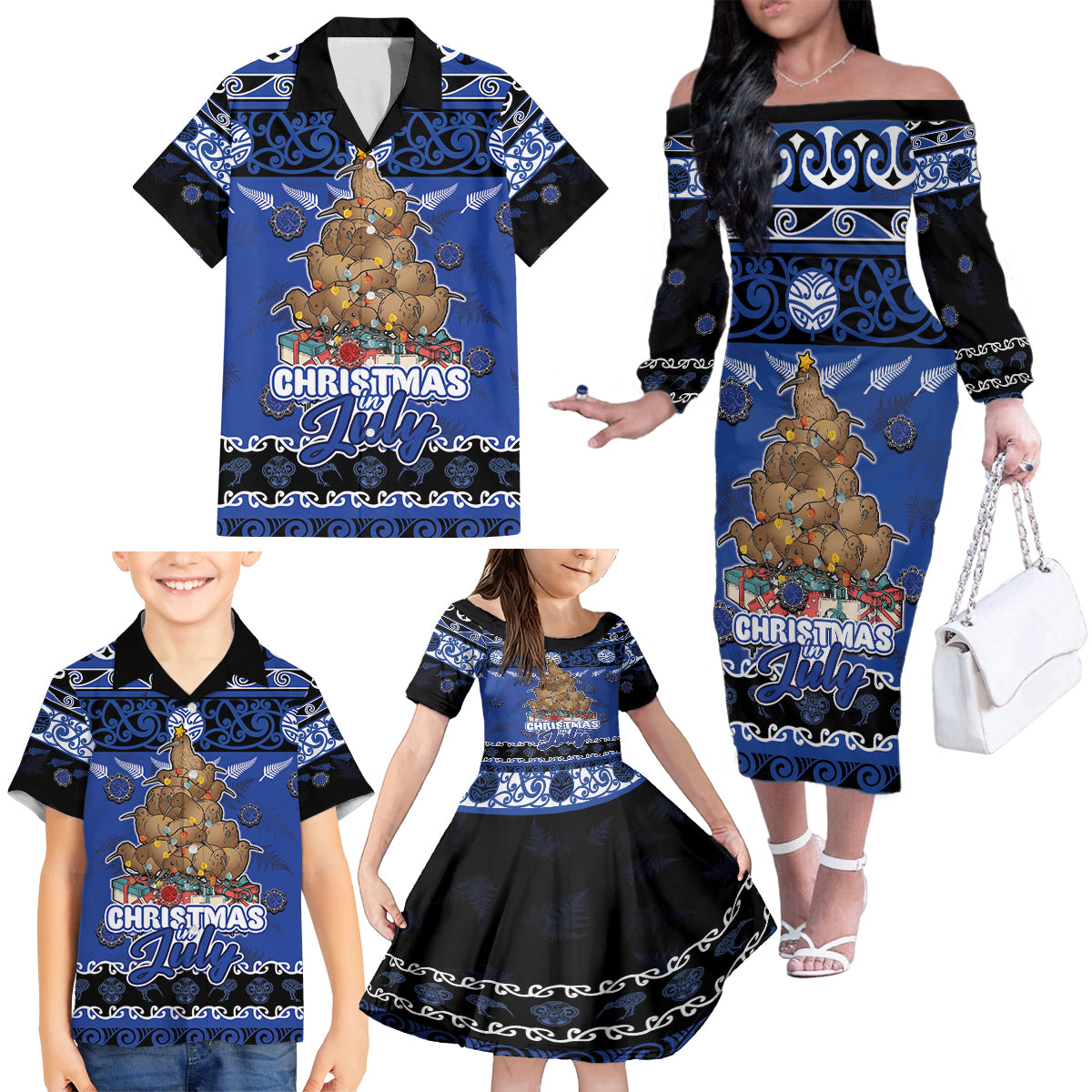 Personalised New Zealand July Christmas Family Matching Off The Shoulder Long Sleeve Dress and Hawaiian Shirt Maori Kiwi Xmas Tree - Blue